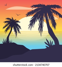 Gradient beach sunset landscape with palm tree background