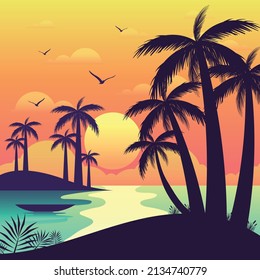 Gradient beach sunset landscape with palm tree background