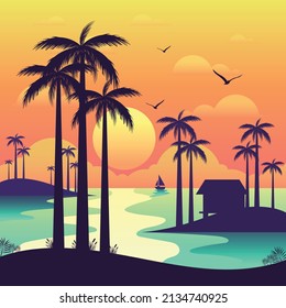 Gradient beach sunset landscape with palm tree background