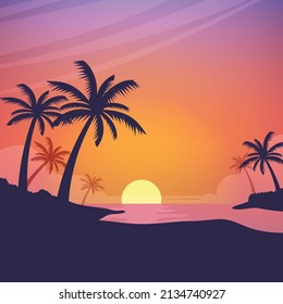 Paisaje de sol degradado en la playa con fondo de palmera