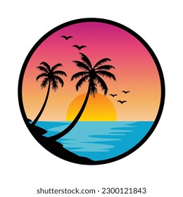 Gradient beach sunset landscape with palm tree background