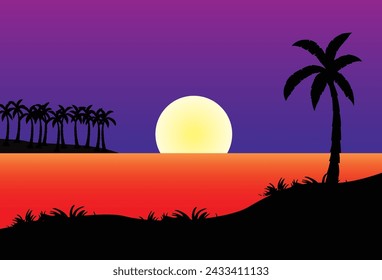 Gradient beach sunset landscape with palm trees background vector