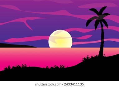Gradient beach sunset landscape with palm trees background vector