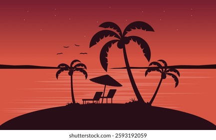 Gradient beach sunset landscape with palm trees background vector Silhouette of wooden chaise lounge, Umbrella on beach.
