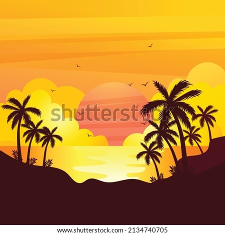 Gradient beach sunset landscape with palm tree background