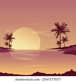 Gradient beach sunset landscape. Vector illustration in flat style