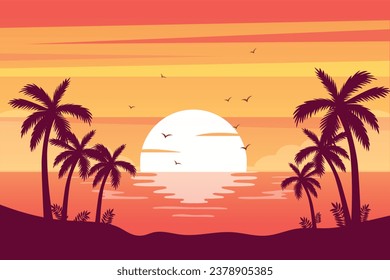 gradient beach sunset sunrise with palm silhouette landscape background