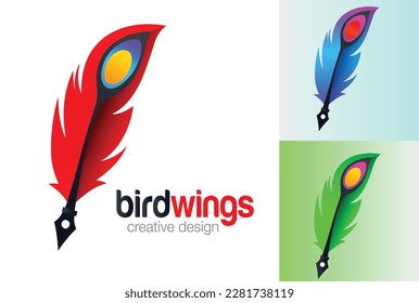 Gradiente hermoso concepto de logotipo vectorial de diseño de la pluma de gradiente. Resumen de la colección de símbolos de las alas de gradiente de luz para el negocio y el inicio.