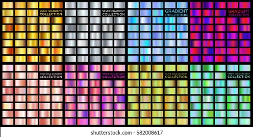 Gradient big collection gold  silver  purple gold  rose  blue sky  green  olive  Trend colors  Vector metal texture  Isolated black background 