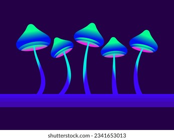 Los hongos bioluminiscentes degradados son de color verde-azul. Hongos fluorescentes brillantes. champiñón alucinógeno en un tallo largo. Hongo bioluminiscente. Ilustración del vector