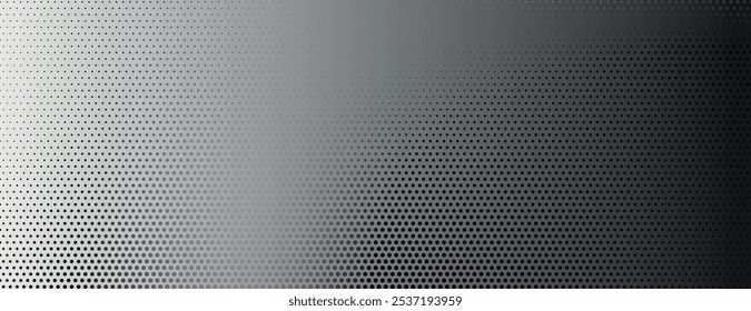 Fondo negro degradado con textura punteada de semitono. El fondo negro se desvanece suavemente, creando un aspecto moderno y elegante. Fondo de degradado de Vector de semitono mínimo.
