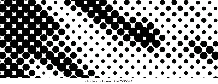 Gradient of Black Circles on White Background Creating a Retro Halftone Pattern, transitioning from dense clusters to scattered dots, with an optical illusion effect,