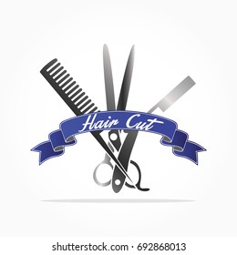 gradient black comb, scissor, knife and blue ribbon with shadow effect for hair cut logo vector