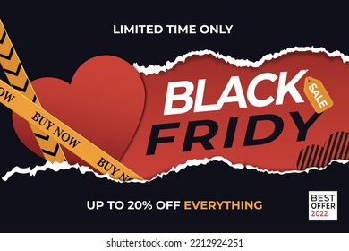 Plantilla de banner horizontal de gradiente friday negro con bordes rotos y corazón