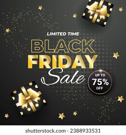 Gradient Black Friday Sale With Golden Gift Design In 3d Banner With Discount Up to 75% off. Vector illustration. Limited Time. Black Friday Sale banner template design for social media and website.