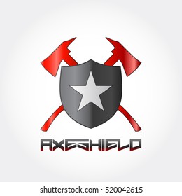 gradient black metal look shield with white star on it and a couple of gradient red axes behind. 