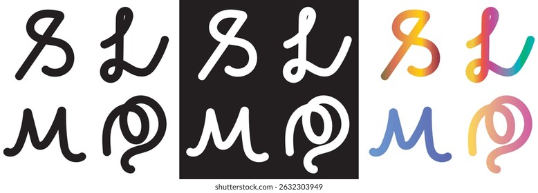 Formas abstratas orgânicas de cor de gradiente, preto e branco. Estilo à mão livre em curva.  Desenho de arte em arco-íris com linha. Ilustração vetorial. isolada no plano de fundo branco e preto. EPS 10