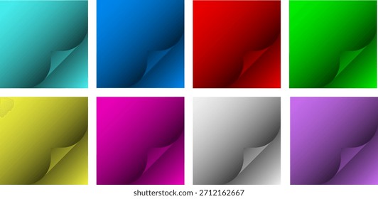 Páginas en blanco degradado con efecto de esquina rizada. Conjunto de 8 fondos abstractos vibrantes minimalistas para maquetas, volantes y Diseño gráfico