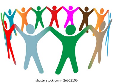 Gradient blend of diverse group of symbol people of many colors hold their hands up in a ring.