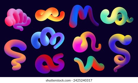 Gradient blend line. Dynamic abstract strokes with different colors and gradient effect. Vector modern geometric brush flow set. Multicolored curved isolated shapes for presentation design