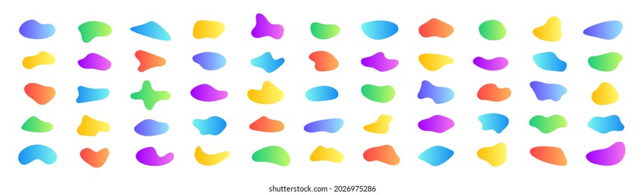 Gradient blotch set of liquid elements. Pebble shapes in neon colors. Modern fluid gradient elements. Abstract backgrounds for club party invitation, web, advertisement. Vector illustration.