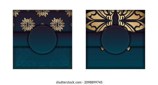 Gradient blue brochure template with vintage gold ornaments ready to print.
