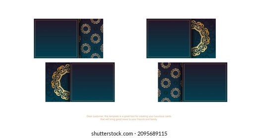 Gradient blue business card with Greek gold pattern for your contacts.
