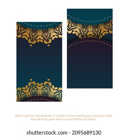 Gradient blue business card with vintage gold ornaments for your contacts.