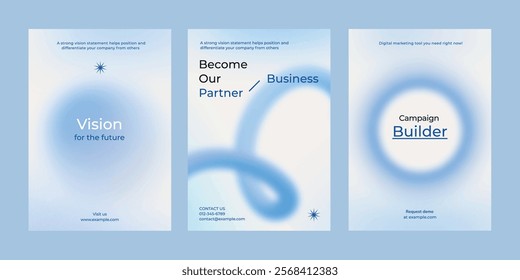 Gradient blue business poster template vector set. Vector set of business pastel blue poster. Professional business annual poster. Minimal and simple poster design set.