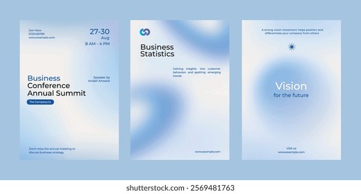 Gradient blue business poster template vector set. Vector set of business pastel blue poster. Professional business annual poster. 