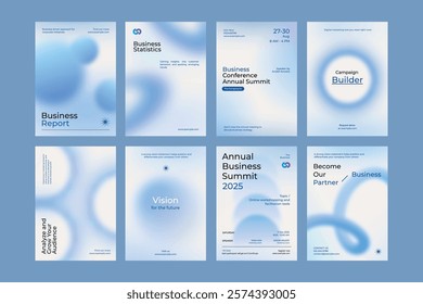 Gradient blue business poster template vector set. Vector set of business pastel blue poster. Professional business annual poster. Minimal and simple poster design set.