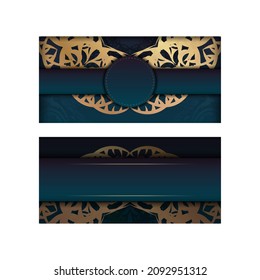 Gradient blue color brochure template with vintage gold pattern prepared for typography.