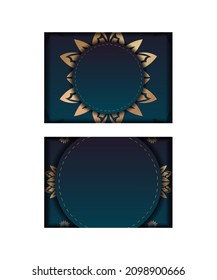 Gradient blue color brochure template with vintage gold ornament typography-ready.