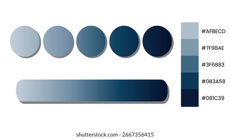 Paleta de colores azul degradado con diseño circular y de barras, con tonos claros, grises, navy y profundos para proyectos creativos, arte digital, marca y Plantillas modernas.