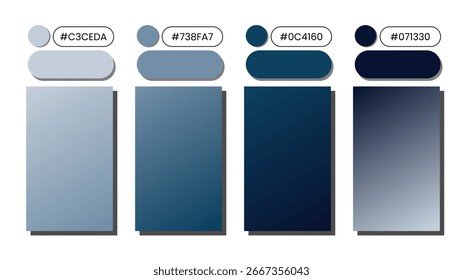 Paleta de cores azul gradiente com sombras nebulosas, cinza, meia-noite e escuras, ideal para planos de fundo, design moderno, marcas, gráficos digitais, modelos da Web e projetos criativos.