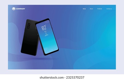 Diseño de la página de inicio con color azul gradiente con Smartphones en el lado frontal y posterior.