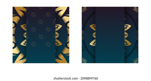 Gradient blue gradient flyer template with greek gold ornaments typography prepared.