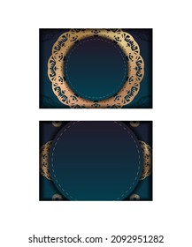 Plantilla de volante de degradado de degradado azul con ornamentos de oro vintage listos para tipografía.