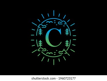 Gradient blue and green color of C initial letter in line art nature frame design