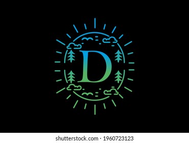 Gradient blue and green color of D initial letter in line art nature frame design