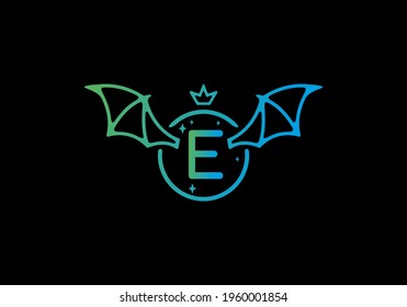 Gradient blue green color of E initial letter in circle wings design