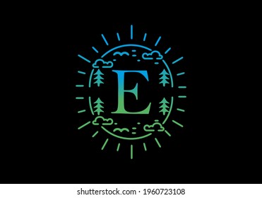 Gradient blue and green color of E initial letter in line art nature frame design