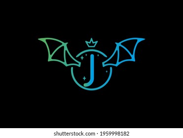 Gradient blue green color of J initial letter in circle wings design