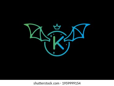 Gradient blue green color of K initial letter in circle wings design