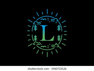 Gradient blue and green color of L initial letter in line art nature frame design