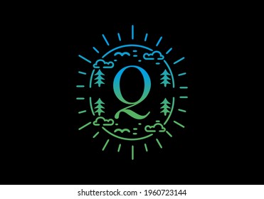 Gradient blue and green color of Q initial letter in line art nature frame design