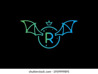 Gradient blue green color of R initial letter in circle wings design