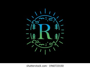 Gradient blue and green color of R initial letter in line art nature frame design