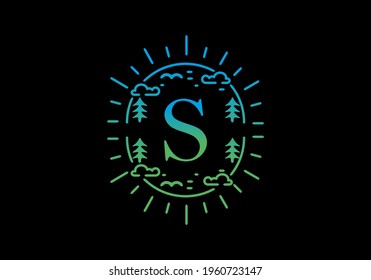 Gradient blue and green color of S initial letter in line art nature frame design