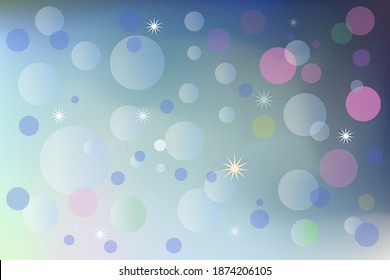 Gradient blue green pink christmas background. Smooth transitions of delicate pastel colors and bubbles of transparent circles. Vector winter background for print cover, template, place for text